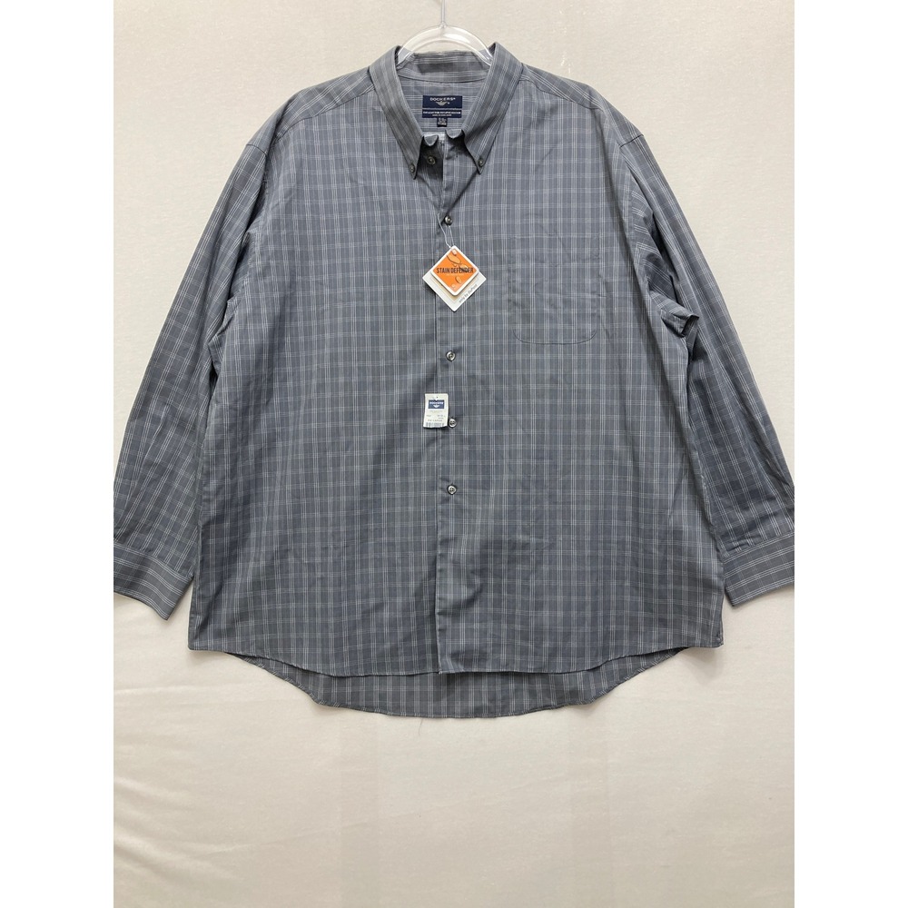 NWT Dockers Button Down Shirt Size XXL Gray Plaid Stain Defender Workwear Casual